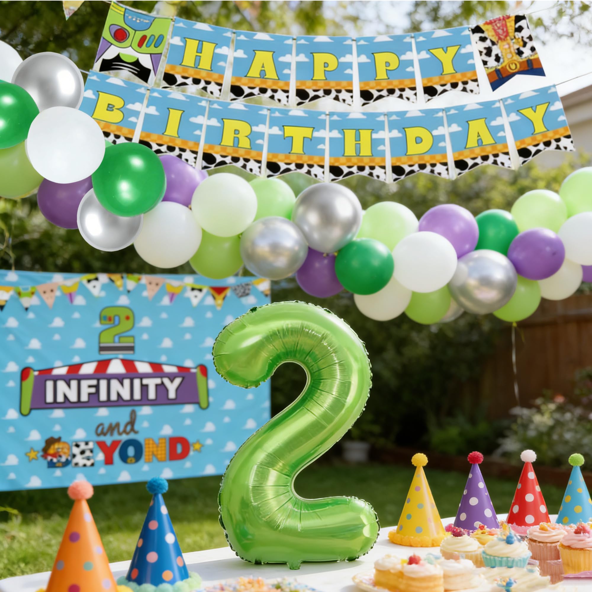 Tyotrbs Two Infinity and Beyond Birthday Party Decorations Kit Including 2 Infinity And Beyond Backdrop,Balloon Garland Arch, Tablecloth, Cake Topper