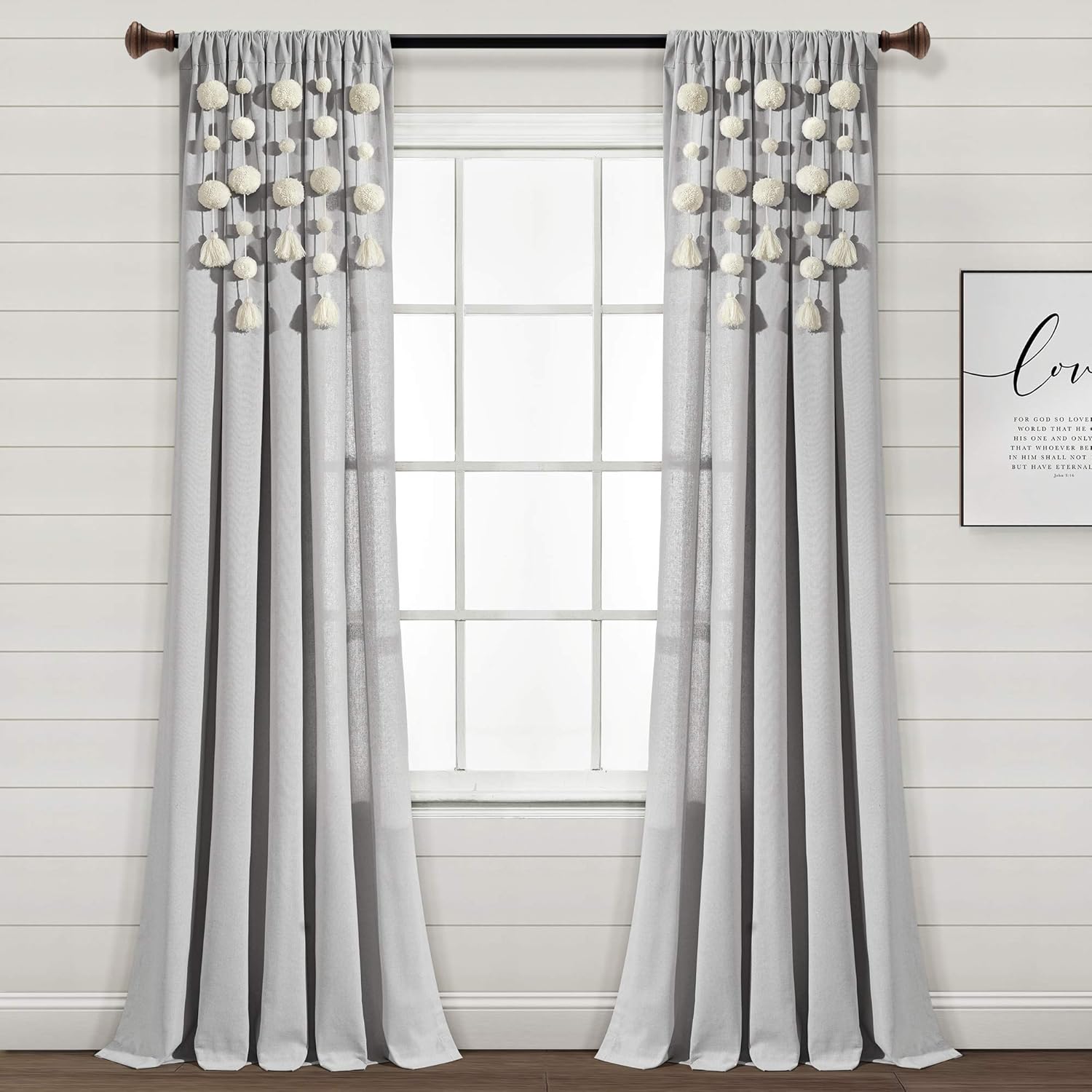 Lush Decor Boho Pom Tassel Linen Window Curtain (Single Panel), 84" L x 52" W, Light Gray: Home & Kitchen