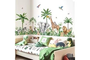 decalmile Large Safari Animals Tropical Tree Wall Decals Jungle Animals Giraffe Elephant Lion Wall Stickers Living Room Baby Nursery Kids Room Wall Decor(XXL)