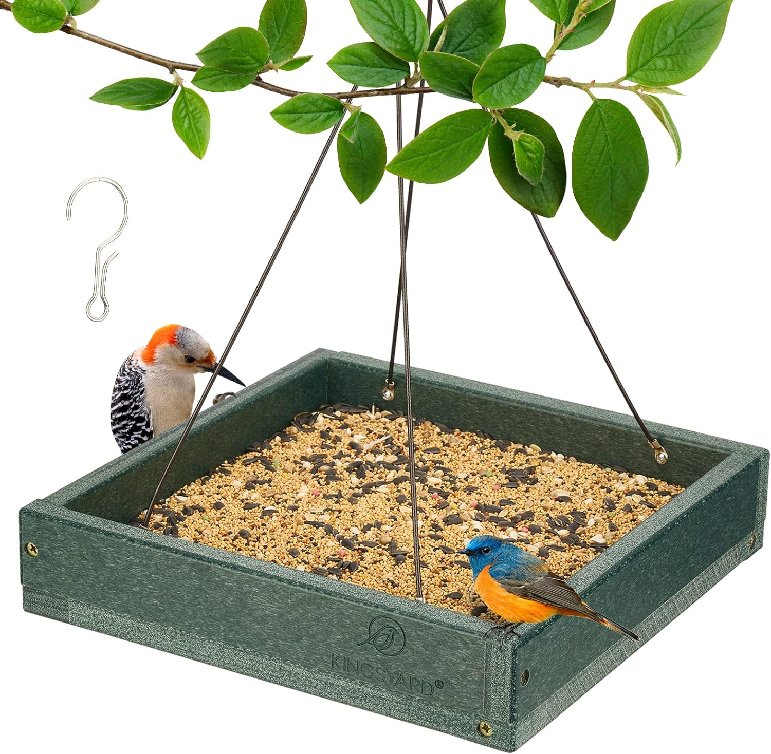Backyard Birding & Wildlife - Kingsyard Platform Bird Feeder for Outside, Recycled Plastic Hanging Tray Bird Feeders with Large Capacity 3.5 lbs, Premium Quality & Durable, Great for Attracting Wild Birds, Green
