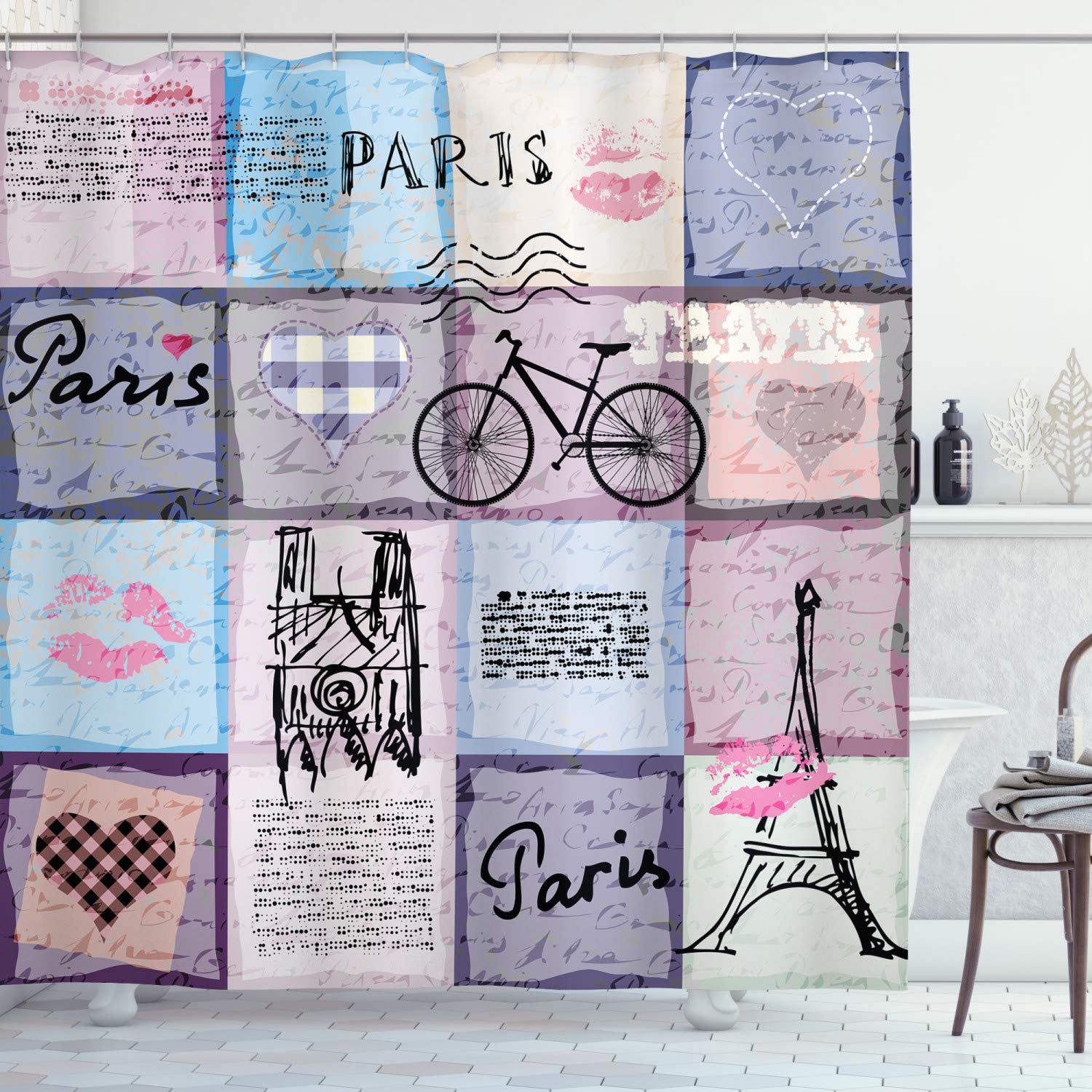 ABAKUHAUS Paris Shower Curtain, Grunge Textured Retro Collage of France Famous Object Eiffel Tower Europe Theme, Cloth Fabric Bathroom Decor Set with Hooks, 94 Inches, Multicolor