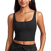 CRZ YOGA Ribbed Henley Crop Tank Tops for Women - Square Back Padded Yoga Workout Longline Sports Bras