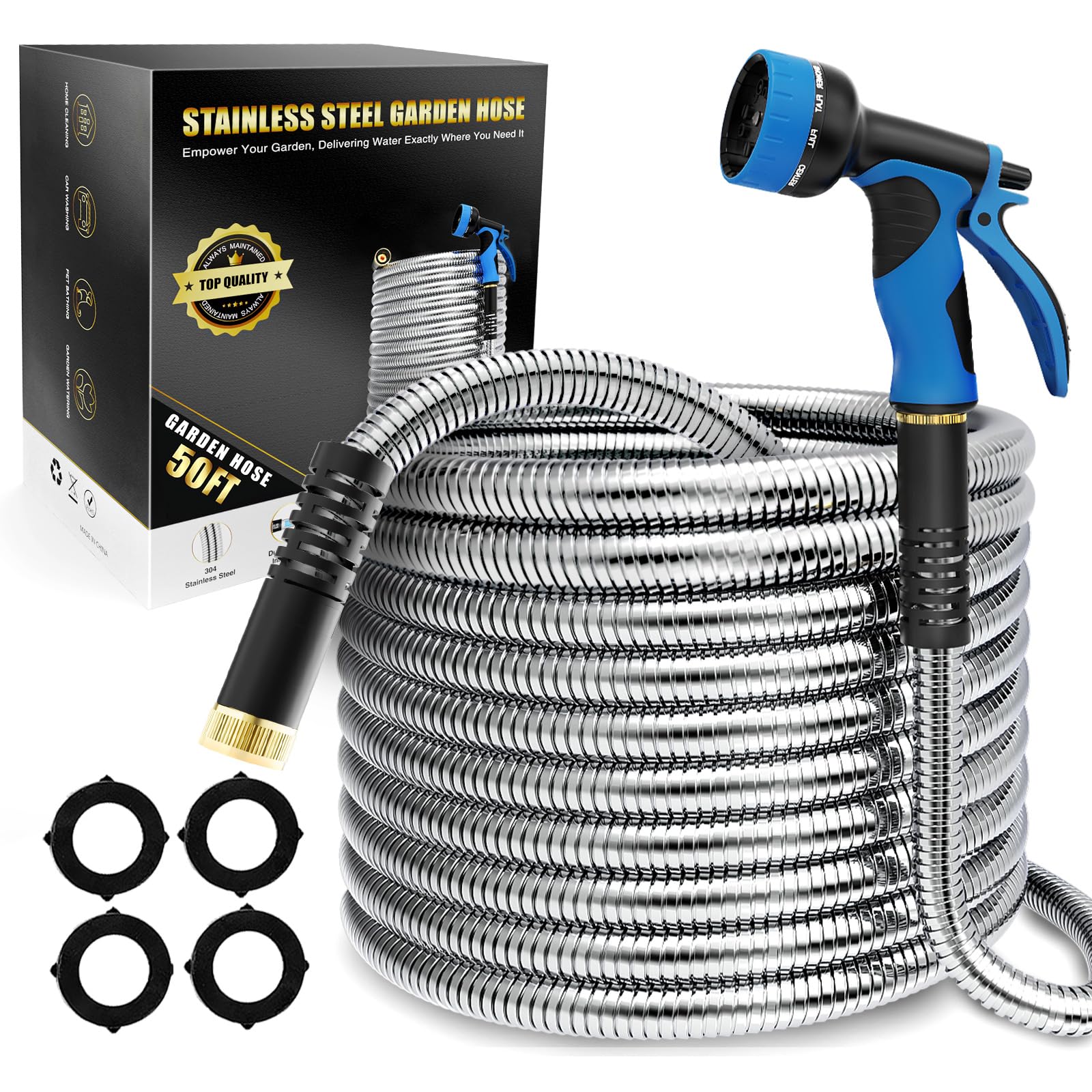 Photo 1 of Lefree Garden Hose 50ft, Stainless Steel Garden Hose Metal, Flexible Water Hose with 10-Function Nozzle, Crush Resistant, Leak Proof, No Kinks Heavy Duty Hose for Yard, Outdoors, Rv