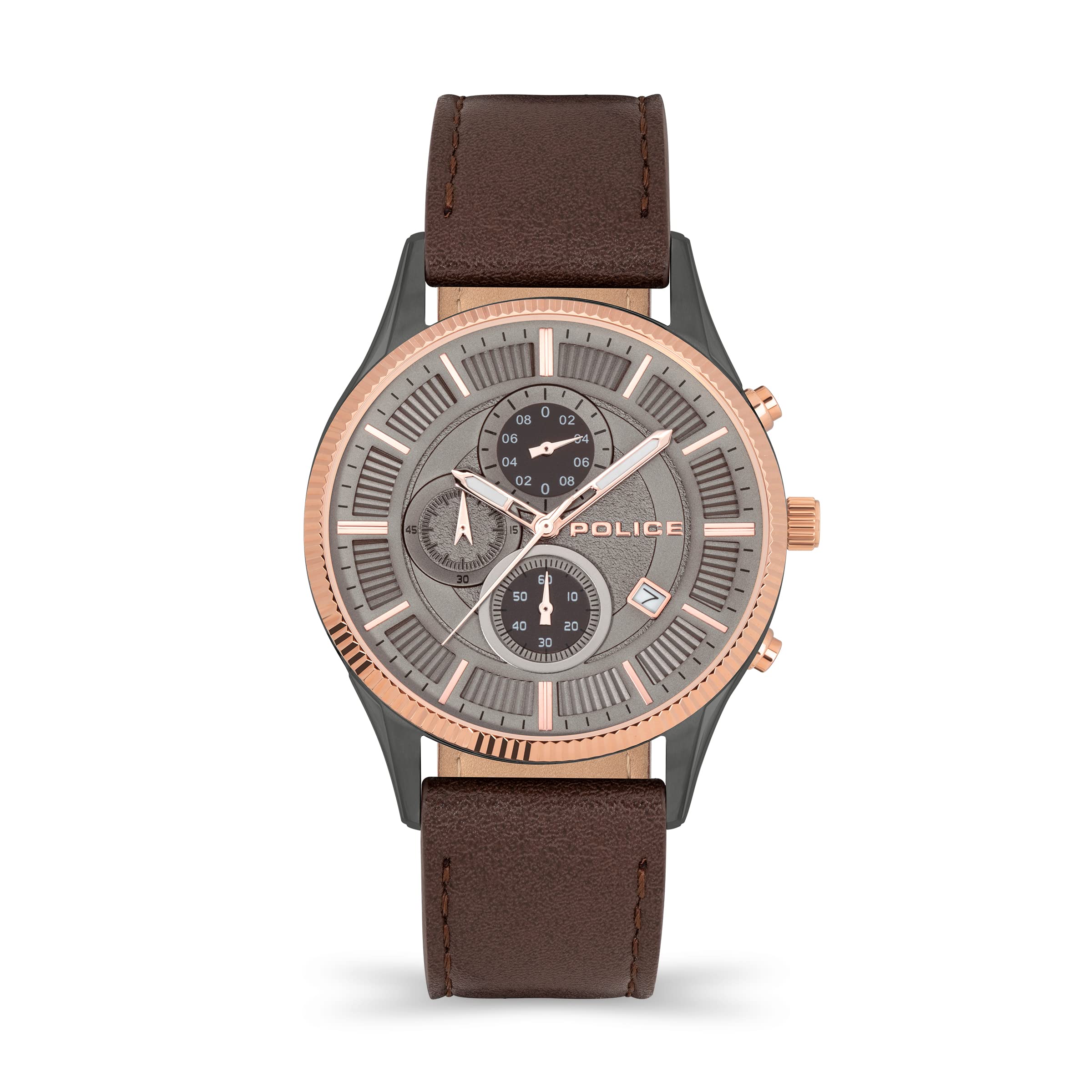 POLICE Vault Mens Chronograph Watch with Grey Dial and Brown Leather Strap, 44mm Stainless Steel Case in Branded Watch Box PEWJC2194241-2 Year Warranty