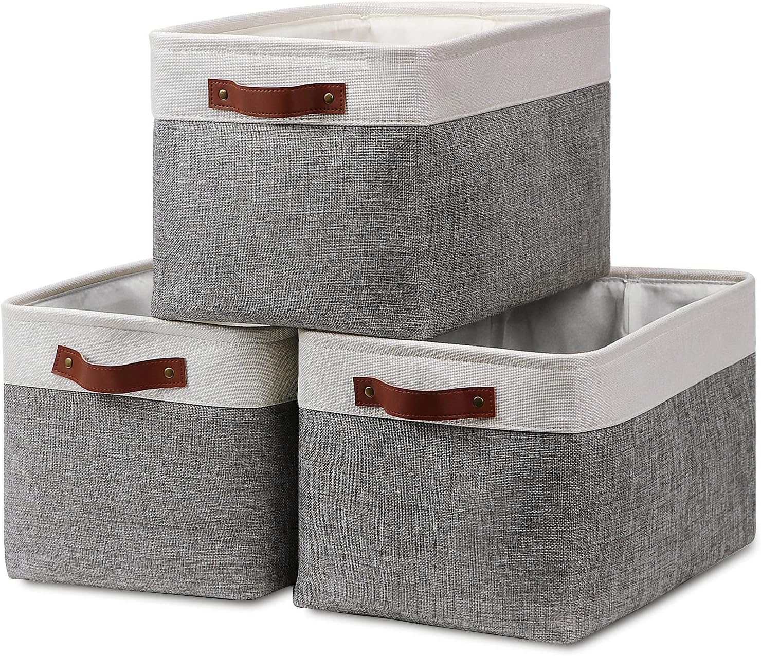 Collapsible Fabric Storage Baskets With Wood Handles - 15x10.6x6 Inch Closet Organizers - Black