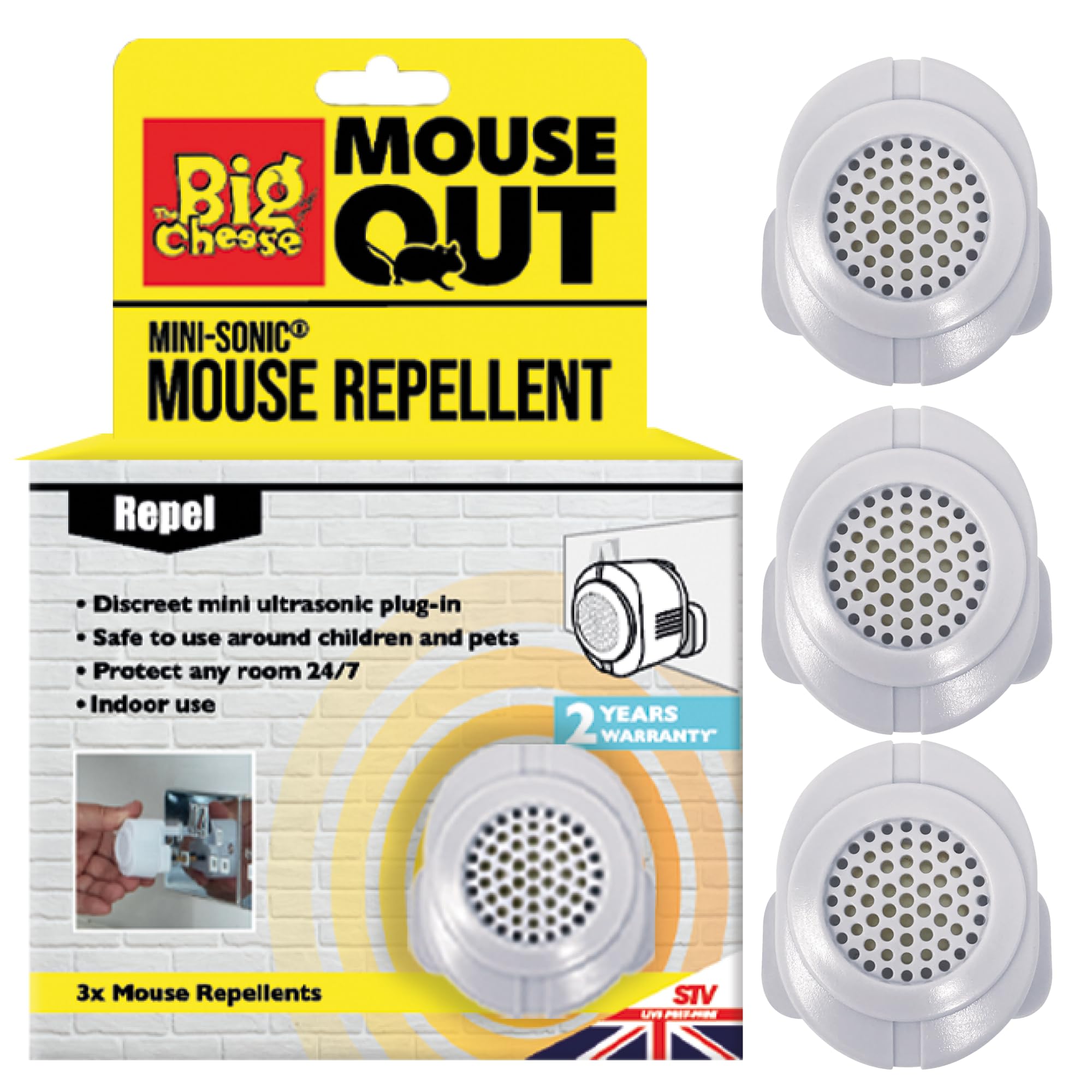 The Big Cheese Mouse Out Mini-Sonic Repellent – Ultrasonic Pest Repeller – Round-the-Clock Mouse Deterrent that Prevents Return - Rodent Control Product – Mouse Repeller Plug In, Pet Safe – 3 Pack
