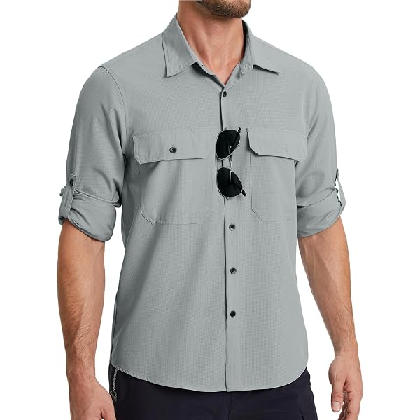 The American Outdoorsman Men's Quick-Dry Fishing Shirt - UPF 50+, Navy Heather Stripe, Large
