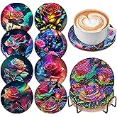 8 Pcs Diamond Art Painting Coasters with Holder, DIY Oil Peony Rose Flower Diamond Art Coasters for Drinks Diamond Art Painting Kits for Beginners, Diamond Craft Supplies for Adults Coaster Gift