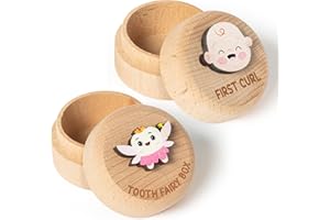 CJiangpo Wooden Baby Keepsake Boxes, 2Pcs - Tooth Fairy & First Curl, 3D Design, 2x1.4 inches, Hinge Opening, Unisex, Ideal for Baby Shower & Birthday Gifts