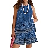 Rapbin Women Two Piece Short Set Drawstring Elastic Waist Pants Round Neck Tank Tops Comfy Sweatsuit Soft Sleepwear