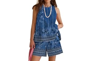 Rapbin Women Two Piece Short Set Drawstring Elastic Waist Pants Round Neck Tank Tops Comfy Sweatsuit Soft Sleepwear