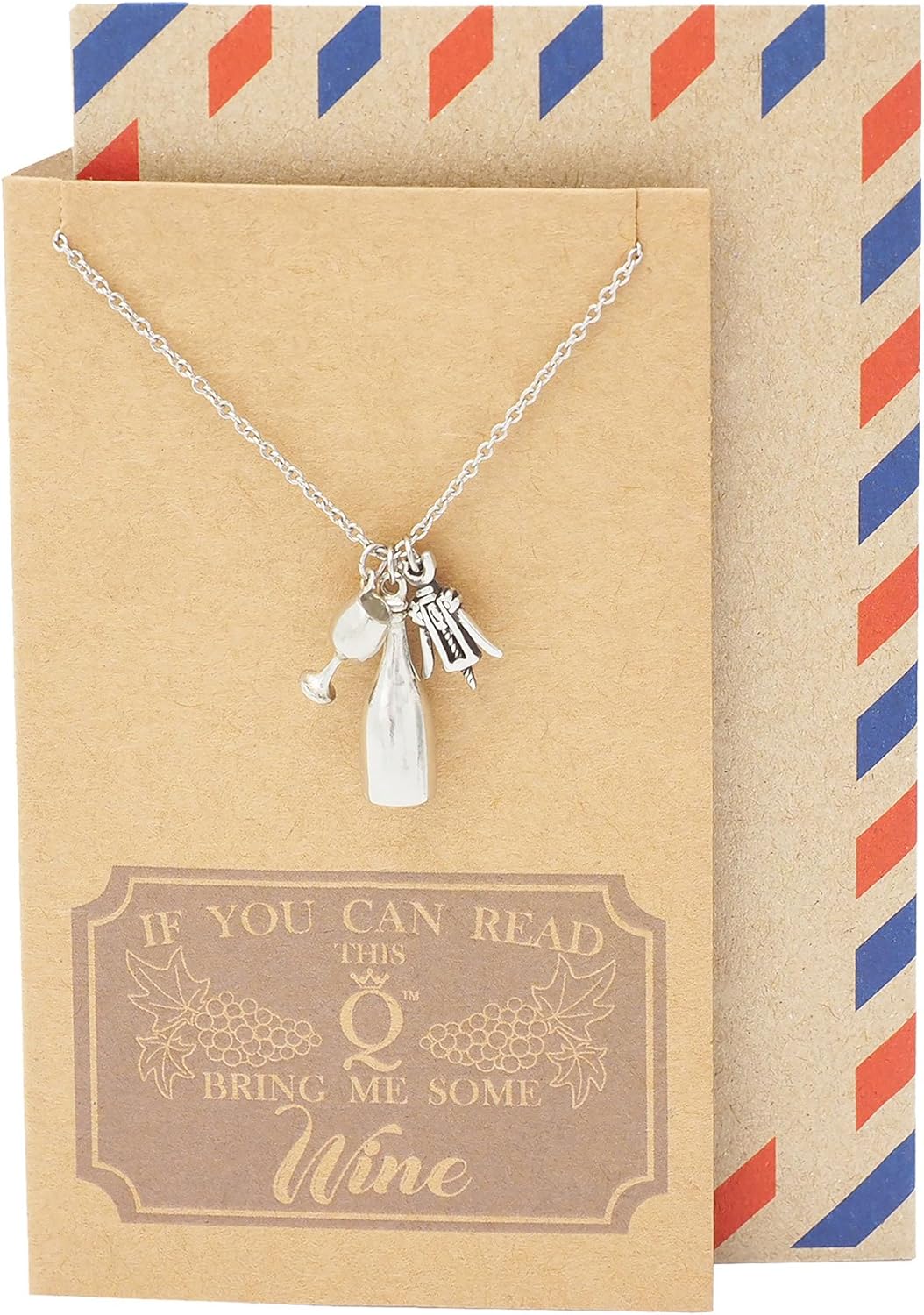 Quan Jewelry Wine Glass Pendant Necklace, Bartender Charms, Gifts for Drinkers and Wine Lovers, Stainless Steel, with Handmade Quote Card