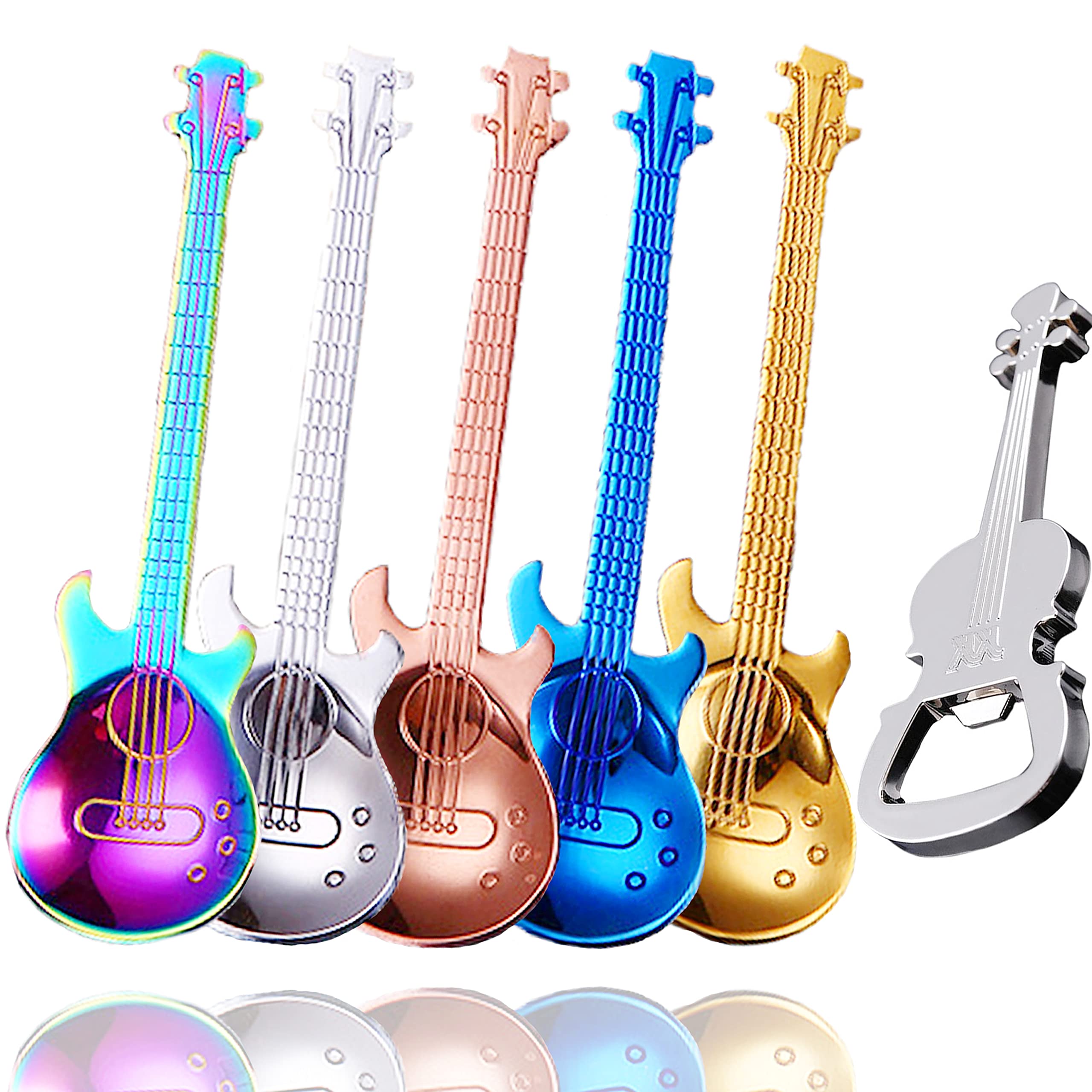 Guitar Spoons Coffee Teaspoon, ESRISE Stainless Steel Musical Coffee Gifts for Men, Cute Tea Spoons for Christmas Gifts Birthday(Multi-6 with Opener)