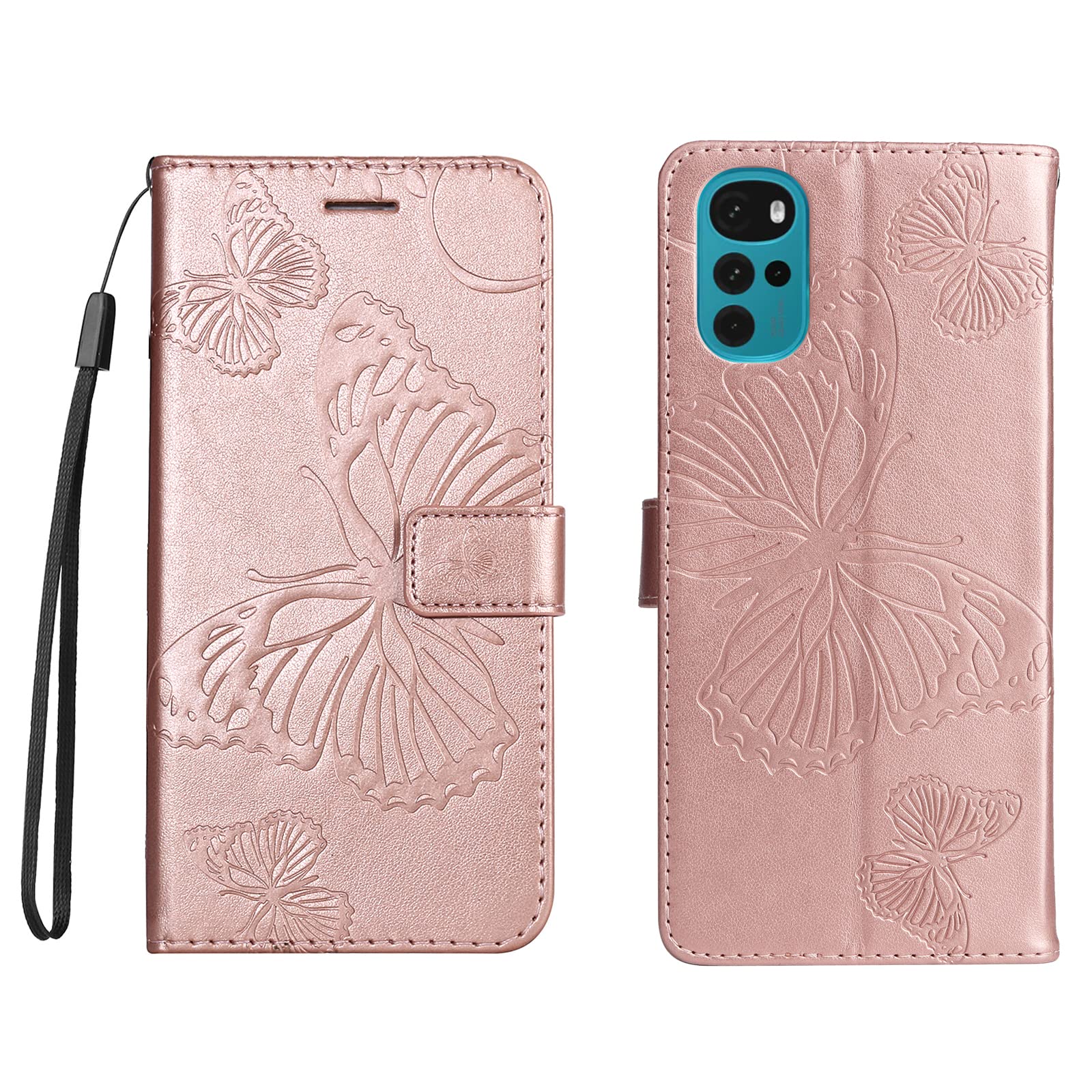 Huzhide Motorola Moto G22 Flip Case Shockproof PU Leather Butterfly Embossed Notebook Wallet Phone Cases with Card Slots Magnetic Stand TPU Bumper Protective Cover for Motorola Moto G22, Rose Gold