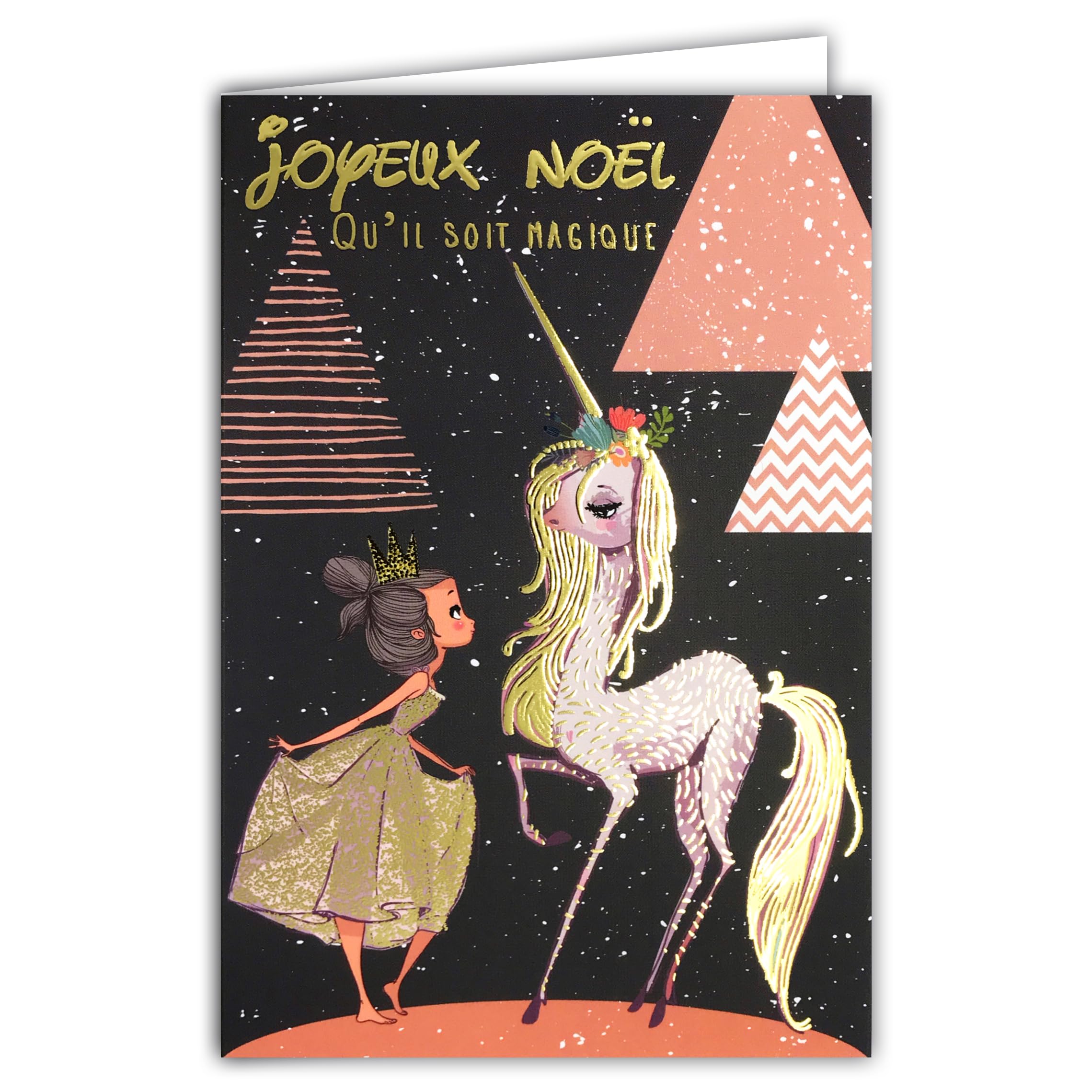 Magical Merry Christmas Card in Shiny Gold Glitter with White Envelope Size 12 x 17.5 cm - Unicorn Horse Princess Ballerina Dancer Star Best Wishes for Girl - Made in France