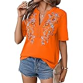 Mexican Shirts for Women Embroidered Tops Traditional Summer Blouse Floral Tunic V Neck Short Sleeve T Shirt Orange