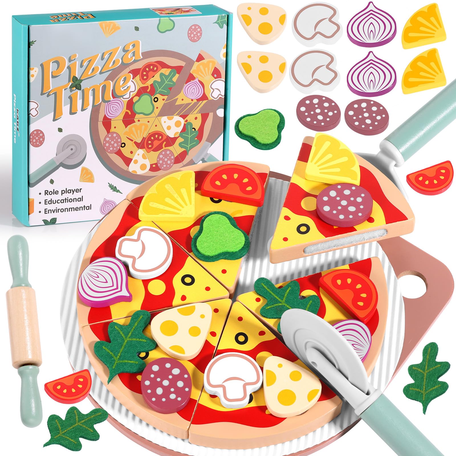 GAGAKU Wooden Pizza Toys for Kids 27Pcs Wood Cooking Toy Cutting Play Food Set for Toddlers Pretend Play Kitchen Accessories for Children Aged 3-8, for Boys and Girls