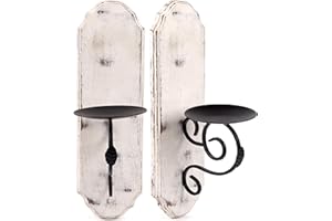CLEENTABLE Set of 2 Wall-Mount Candle Holders - Black Metal & Wood Sconces for Pillar Candles, Rustic Farmhouse Decor for Living Room, Dining Room, Bathroom - Tortilla White Matt Black