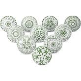 Ajuny 10 Green White Ceramic Cabinet Knobs Printed Drawer Pull Handles Set | Glossy Pottery Accents for Cupboards, Dressers, Vanities, Kitchens and Home Furniture Screws and Fittings Included