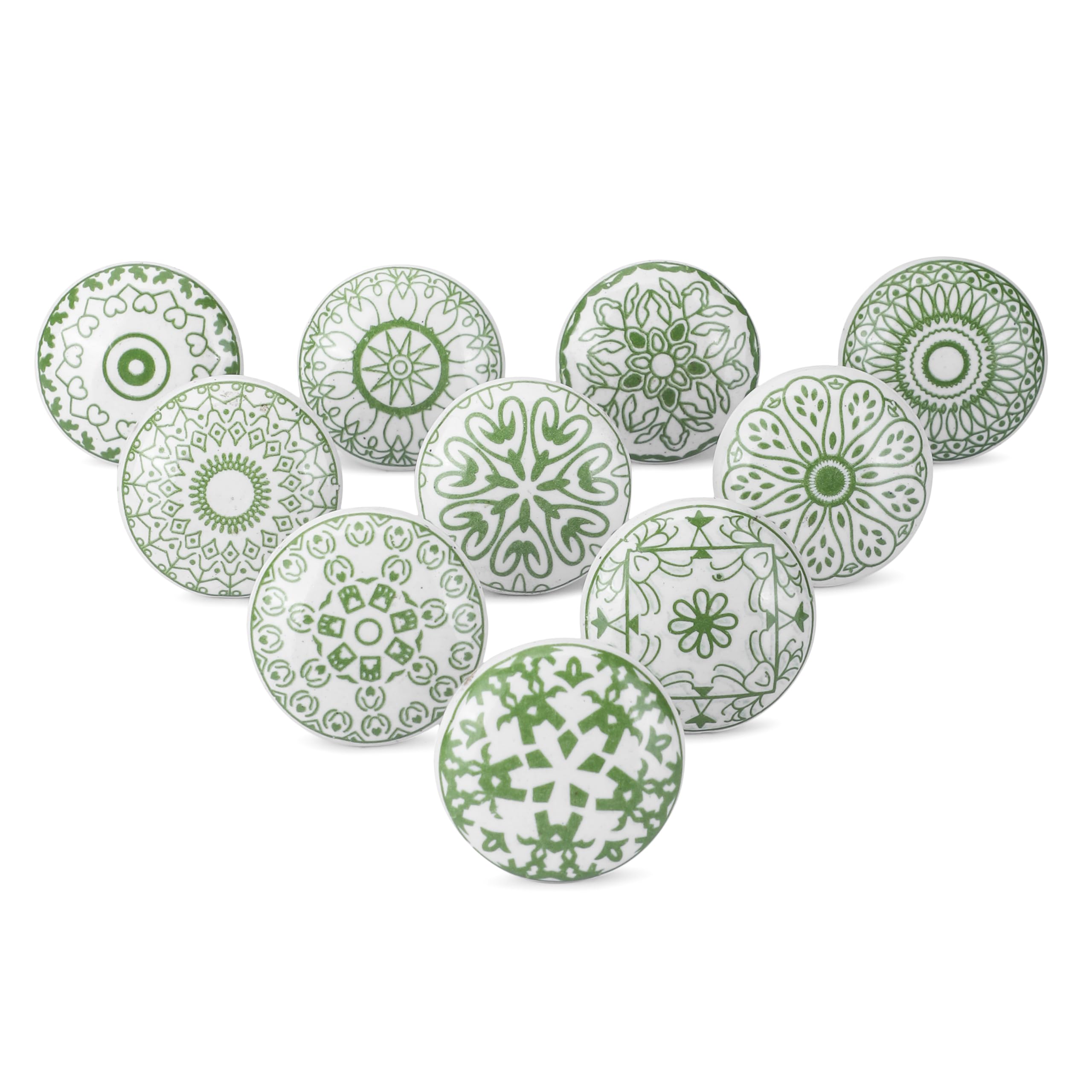 Ajuny Set of 10 Ceramic Knobs Green White Printed Cupboard Door Drawer and Furniture Pulls for Kitchen Cabinets Bathroom Dresser Drawers Handmade Pottery Decorative Knobs