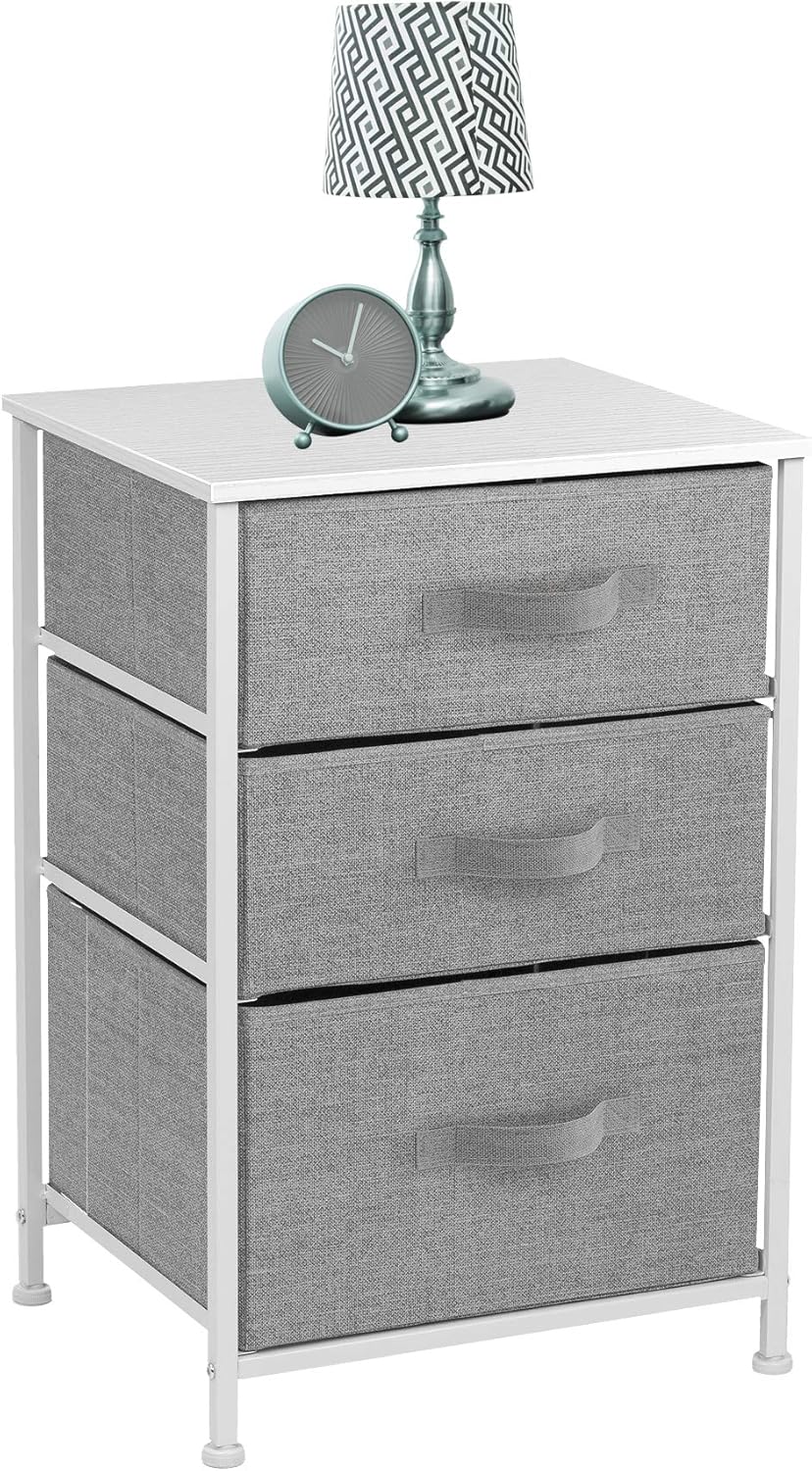 Sorbus Nightstand with 3 Drawers - Bedside Furniture & Accent End Table Chest for Home, Bedroom Accessories, Office, College Dorm, Steel Frame, Wood Top, Easy Pull Fabric Bins (White/Gray): Kitchen & Dining