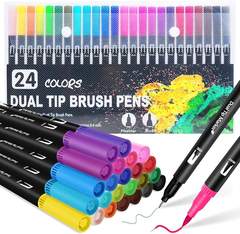 Halobios Dual Tip Brush Pens 24 Colors Art Markers for Drawing Calligraphy