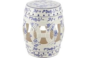 JONATHAN Y TBL1027A Lucky Coins 16" Chinese Ceramic Drum Indoor/Outdoor Garden Stool Bohemian, Coastal, Classic, Cottage, French Country, Patio, Garden Room, Bathroom, Living Room, Blue/White
