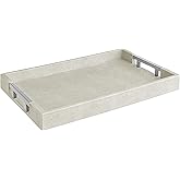 Modern Elegant 17.5"x12" Rectangle Natural Ivory Beige Faux Leather Shagreen Decorative Tray Ottoman Coffee Table Perfume Vanity Kitchen Serving Tray with Silver Metal Handles by Home Redefined.
