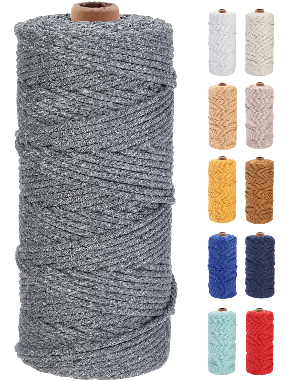 GOHOF 3mm x 100m Premium Cotton Macrame Rope, 4 Strand Twisted Soft Cotton Cord, Perfect for Macrame Art, Dark Grey — image 1