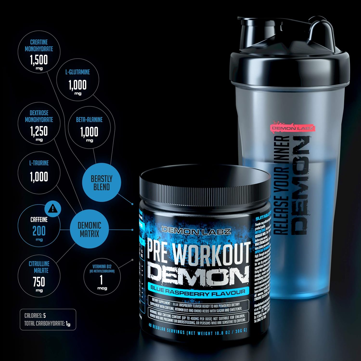 Pre Workout Demon (Blue Raspberry Flavour) - Hardcore Pre-Workout Supplement with Creatine, Caffeine, Beta-Alanine and Glutamine, 40 Servings: Health & Personal Care