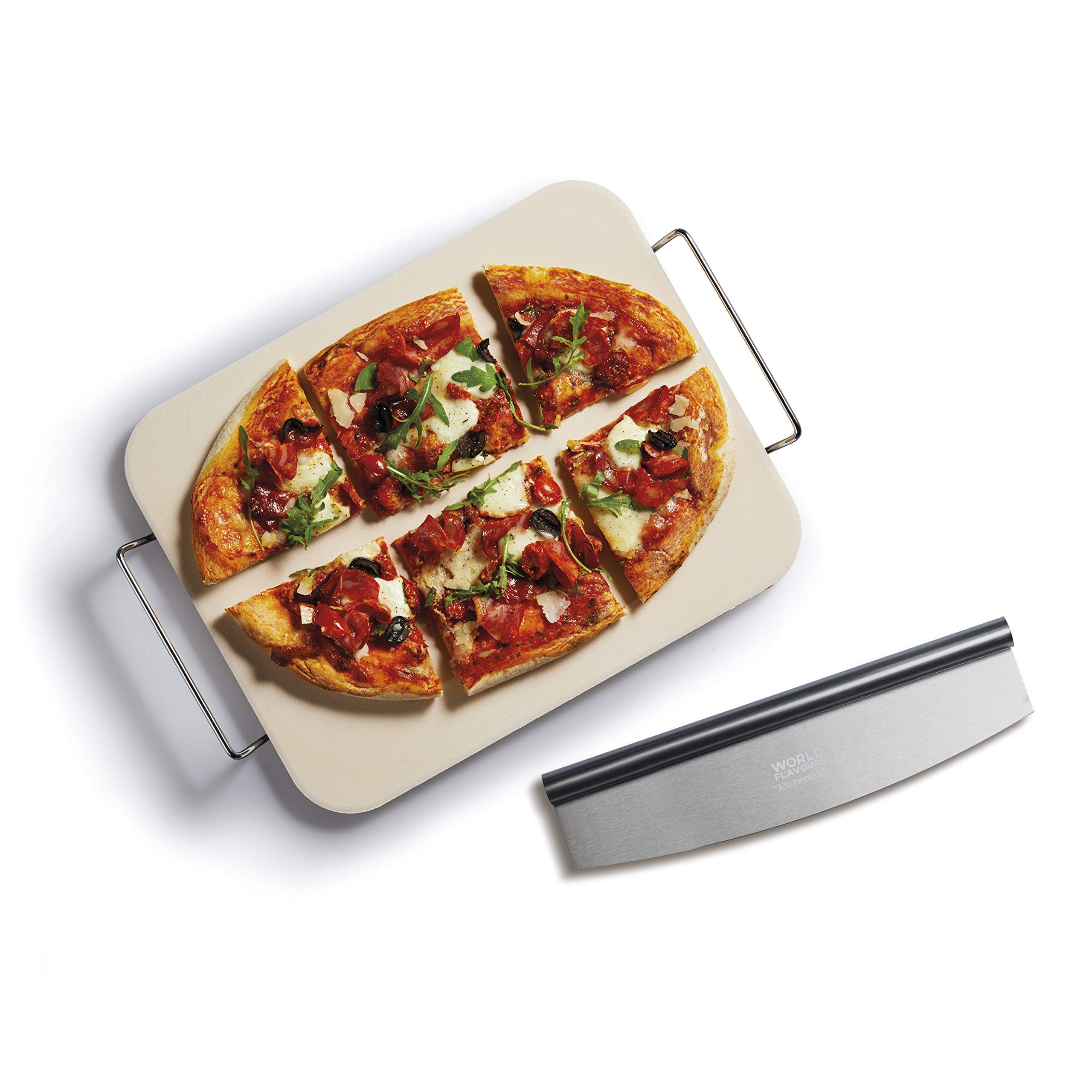 KitchenCraft World of Flavours Rectangular Ceramic Pizza Stone and Rocking Pizza Cutter Set, 2 Pieces