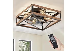 LEDIARY Caged Low Profile Ceiling Fans with Lights and Remote, Rustic Square Flush Mount Ceiling Fan, 6 Speed and Reversible, Small Farmhouse Bladeless Ceiling Fan for Bedroom, Kitchen, Dining Room