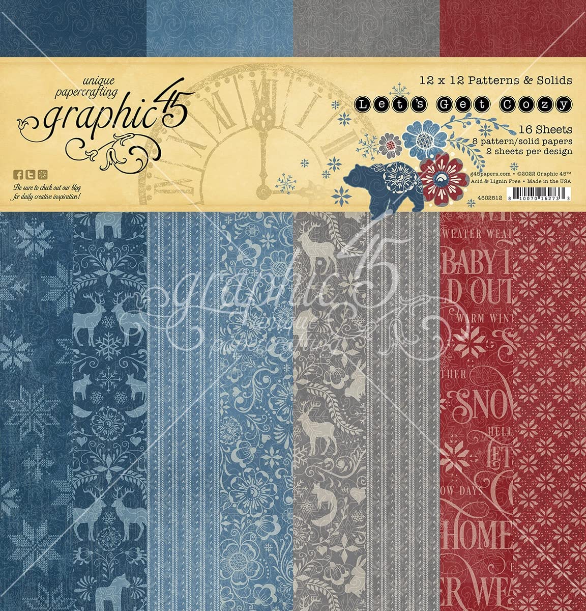 Graphic 45 Double-Sided Paper Pad 12"X12" 16/Pkg-Let's Get Cozy Patterns & Solids