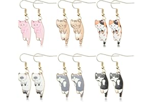 Belanttega 6Pairs Dangling Cat Earrings Kawaii Aesthetic Funny Cartoon Kitten Alloy Drop Dangle Earrings with Hypoallergenic French Hook Animals Lover Birthday Gifts Party Favors for Kids Girls Women