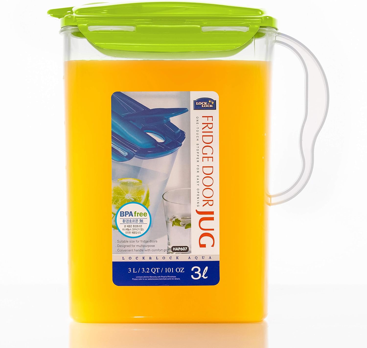 LOCK & LOCK Aqua Fridge Door Water Jug with Handle BPA Free Plastic Pitcher with Flip Top Lid Perfect for Making Teas and Juices, 3 liters, Green