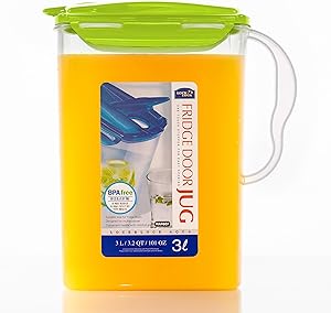 LOCK & LOCK Aqua Fridge Door Water Jug with Handle BPA Free Plastic Pitcher with Flip Top Lid Perfect for Making Teas and Juices, 3 liters, Green