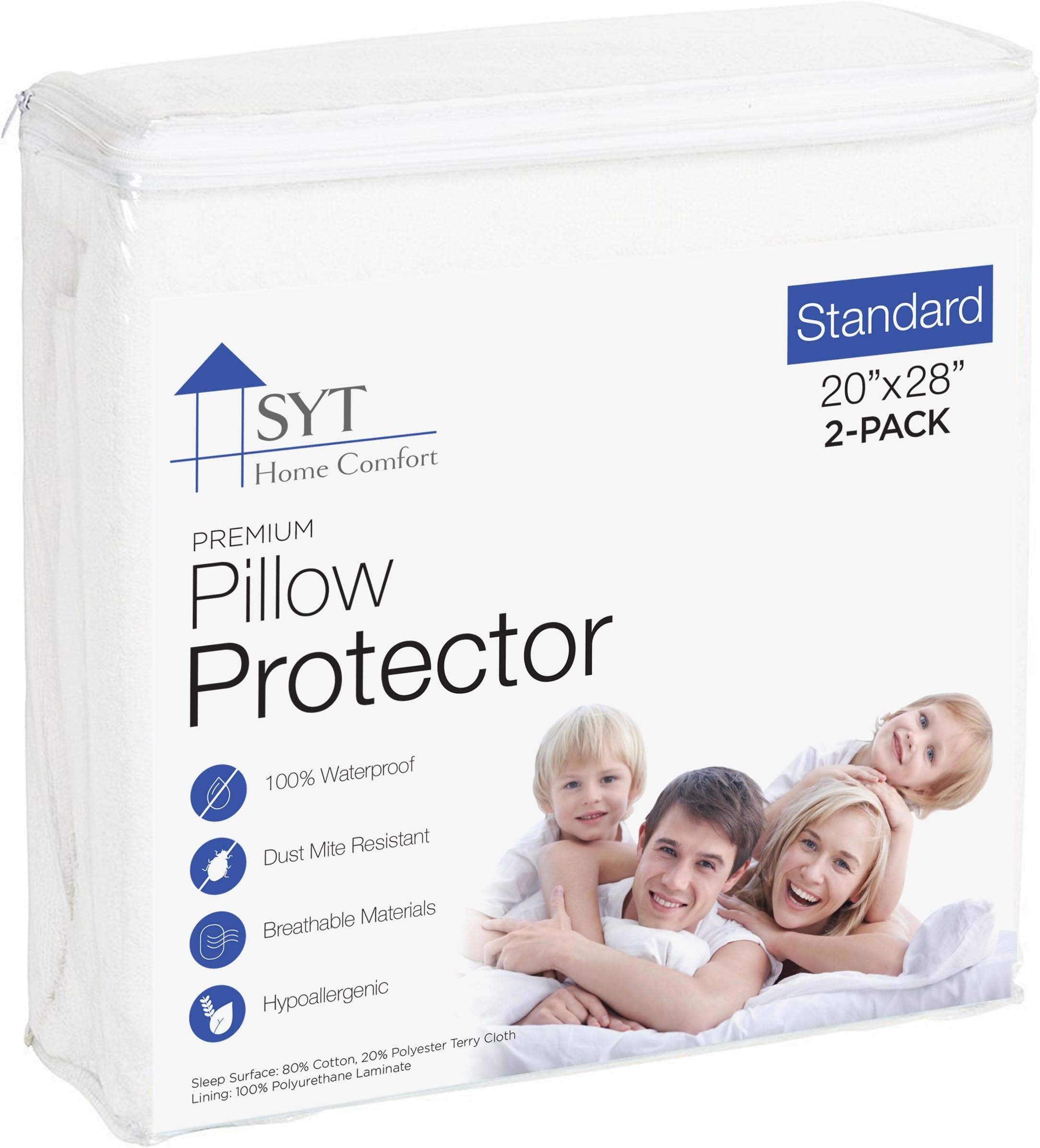 Pillow Protector By SYT Home Comfort, Waterproof, Hypoallergenic, Silent, Multiple Sizes, Cotten Terry, 2 Pack (Standard)