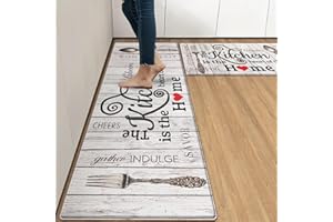 Arttown Farmhouse Anti-Fatigue Kitchen Rug Set of 2 Heart Home Brown Grey Vintage Cushioned Kitchen Floor Standing Mat Waterproof Non-Slip Kitchen Mat and Rugs PVC Ergonomic Comfort Foam Rug
