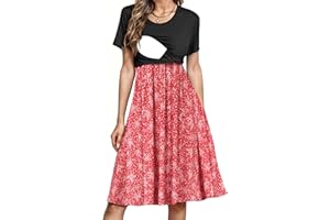 PARNIXS Women's Nursing Dress Summer Short Sleeve Patchwork Pregnancy Clothes with Pockets