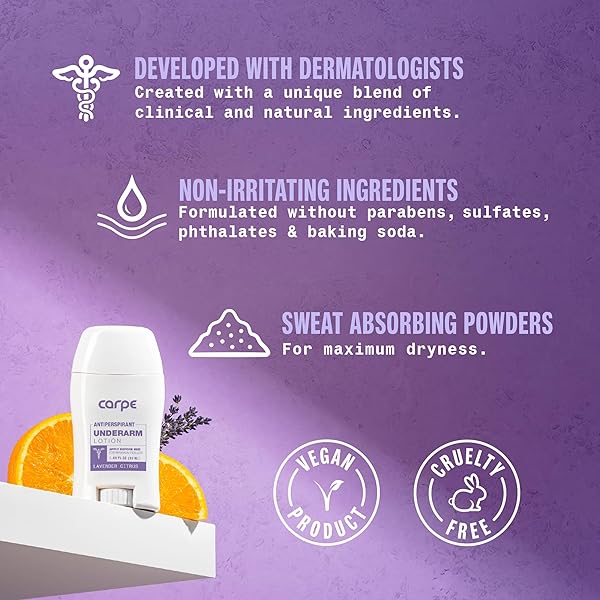 CARPE UNDERARM ANTIPERSPIRANT AND DEODORANT, CLINICAL STRENGTH WITH LAVENDER CITRUS SCENT, COMBAT EXCESSIVE SWEATING STAY FRESH AND DRY, GREAT FOR HYPERHIDROSIS.
