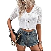 Milumia Women's Button Front Crochet Crop Cardigan V Neck Short Sleeve Shrug Sweaters