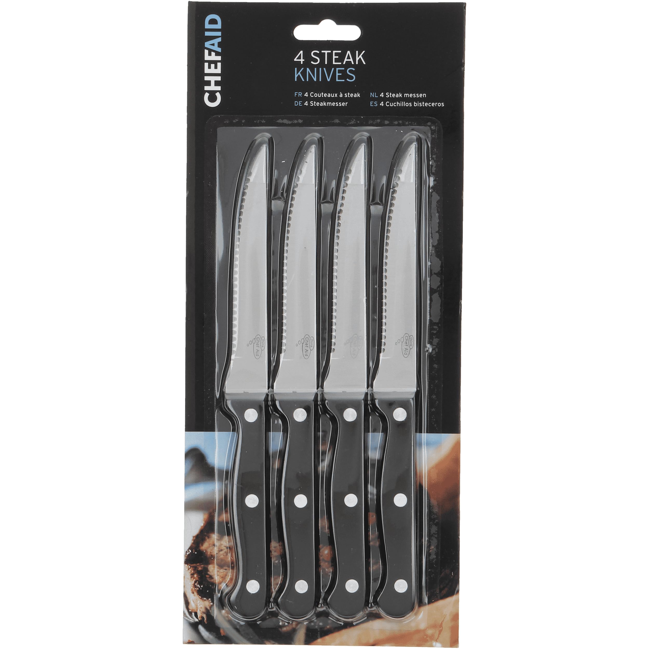 Chef Aid Stainless Steel Serrated Steak Knife Set, Set of 4 Durable Multipurpose Kitchen Knives with Comfort Grip, Ergonomic - Non-Slip, Rust Resistant, Sharp Dinner Table Knife Set, Black