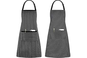 Jubatus 2 Pack Kitchen Aprons Striped Cooking Chef Adjustable Bib Apron with 2 Pockets for Men Women, Black Stripe/Black Pins