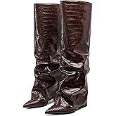 Synchoiss Womens Knee High Boots Wide Calf Chunky High Heel Boots Fashion Fold Over Boot Pointed Toe Winter Fall Tall Boots for Women Pull on Trendy