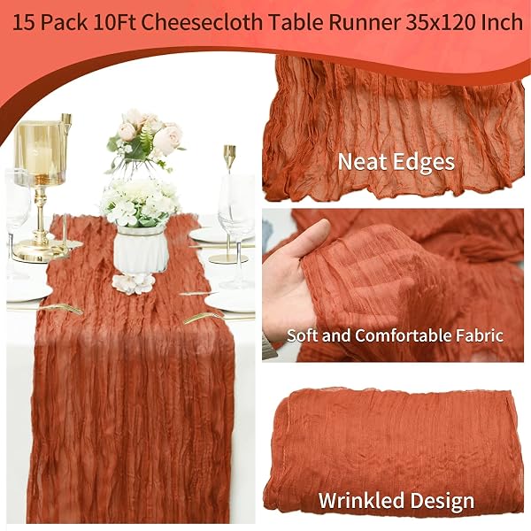 15 PACK CHEESECLOTH TABLE RUNNER TERRACOTTA 10FT GAUZE CHEESE CLOTH TABLE RUNNER 35X120 INCH RUSTIC BOHO TABLE RUNNERS FOR WEDDING BIRTHDAY PARTY ENGAGEMENT ANNIVERSARY BRIDAL BABY SHOWER SUMMER DÉCOR