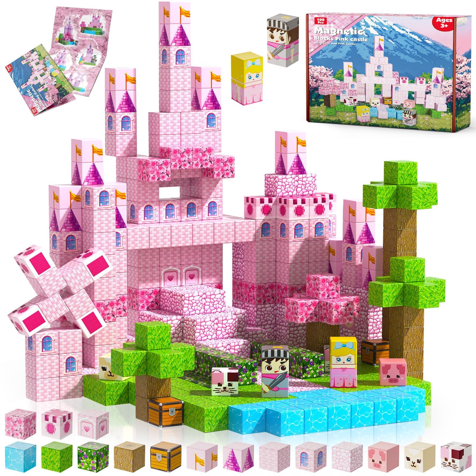 Annexfun Magnetic Building Blocks-100PCS Magnetic Blocks Cubes Tiles, Building Princess Castle Garden STEM Cubes Construction Toys for Kids Girls Ages 3 4 5 6 7 8 9 10 Birthday Gifts — image 1