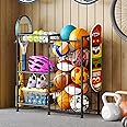 Sports Equipment Organizer, Ball Storage Rack with Elastic Straps and Removable Basket for Garage Organization, Garage Organizer with Hooks for Toy Sports Gear Storage, Sports Ball Storage Cart, Black
