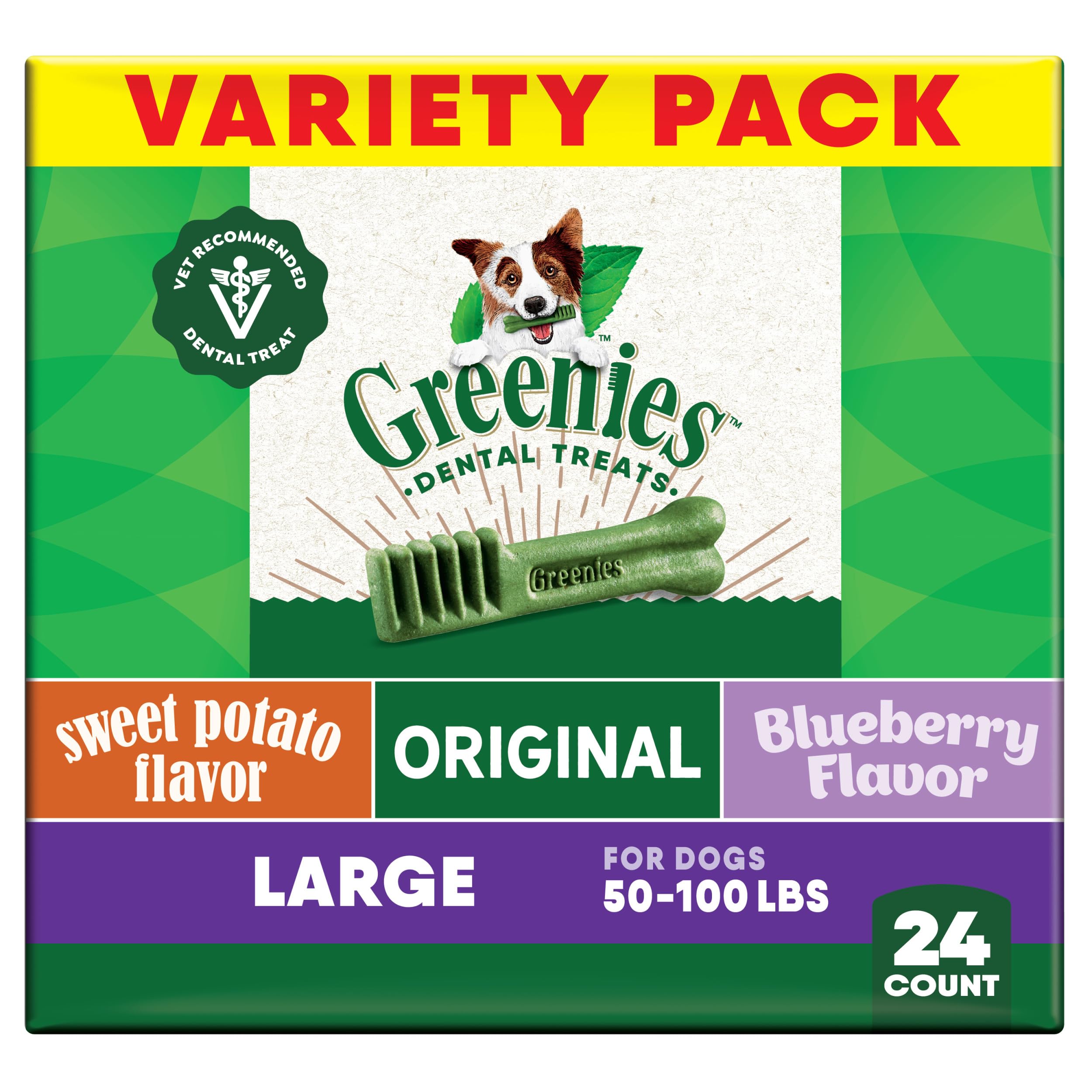 Greenies Veterinarian-Recommended Adult Natural Dental Dog Treats Large Size, Original Flavor, Sweet Potato Flavor, and Blueberry Flavor, (3) 12 oz. Packs, 24 Count Image