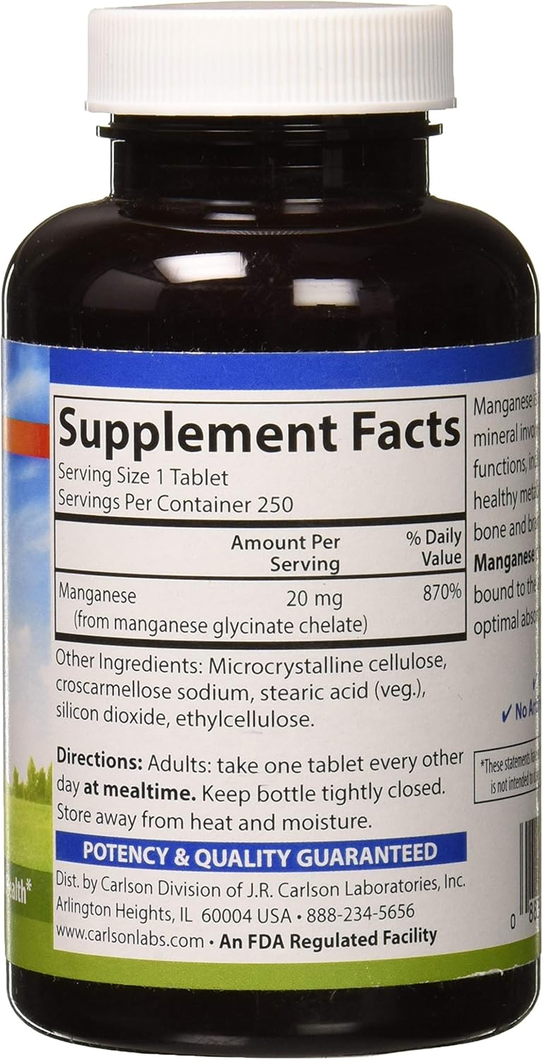 Carlson - Chelated Manganese, 20 mg - Superior Absorption, Healthy Metabolism, Bone Support & Brain Health, 250 Tablets: Health & Personal Care