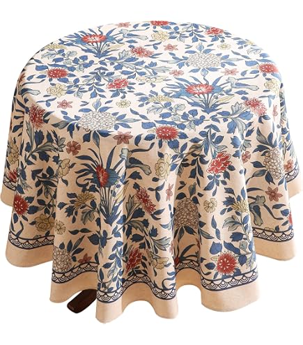 ATOSII Runde Tischdecke Aus 100% Baumwolle – Clover Gelb, Handblock-Druck, 228,6cm, Waschbar